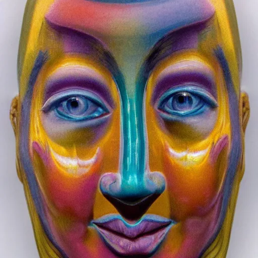 Image similar to elaborate pastel yellow, cloisonne by jean restout the younger. a photograph of a human head seen from multiple perspectives at once, as if it is being turned inside out. every angle & curve of the head is explored & emphasized, creating an optical illusion.