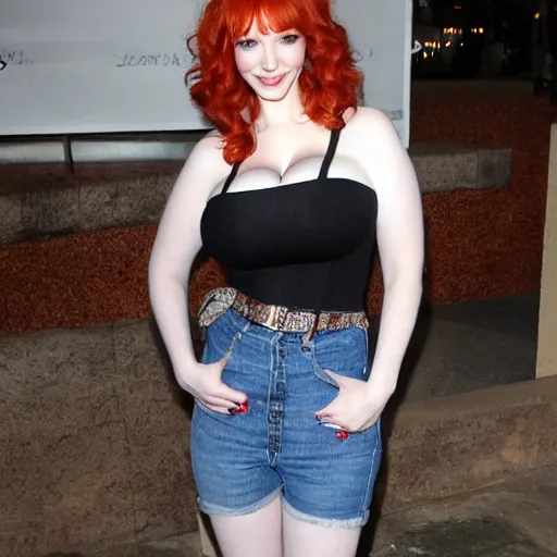 Prompt: christina hendricks from back with jorts,