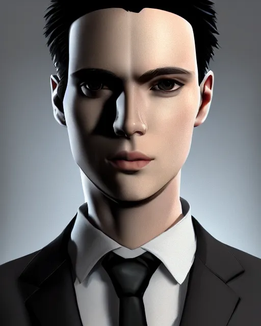 Image similar to detailed portrait Young Adult Male in business suit. Cyberpunk style, corporate styled pure black hair, Pale skin, blank facial expression, Simple professional fitting suit, illustrated by Nai_ Ga Artstation Perfect face, fine details, realistic shaded,