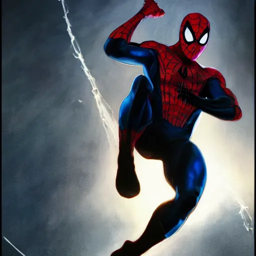 Image similar to ryan reynolds as spider - man, wearing a black and blue suit, cinematic, volumetric lighting, f 8 aperture, cinematic eastman 5 3 8 4 film, photorealistic by greg rutkowski, by stanley artgerm, by alphonse mucha