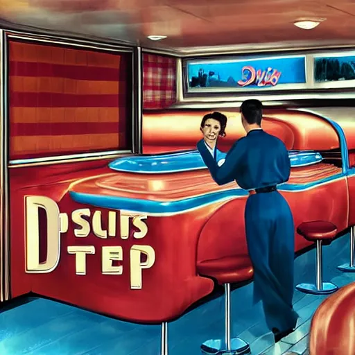 Prompt: a 1950’s American diner. All the customers are former celebrities. Tom cruise is a waitress. Digital art, 8K