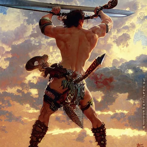 Image similar to muscular male barbarian stabbing the sky, intricate details, large sword, by Stanley Artgerm Lau, by greg rutkowski, by thomas kindkade, by alphonse mucha, loish, by norman rockwell J.