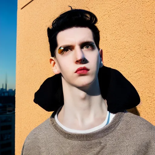 Prompt: un ultra high definition fashion editorial photographic portrait of a pale young man with black hair standing on the rooftop of an apartment building wearing all eclectic clothes. three point light. extremely detailed. stark. nostalgic. golden hour, golden ratio, ray tracing, volumetric light, shallow depth of field.