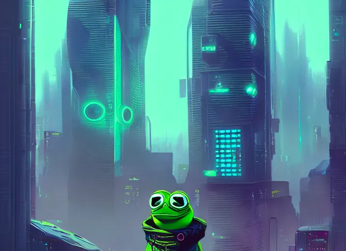 Image similar to cyberpunk pepe the frog, futuristic city, computers, dylan kowalski, marat zakirov, albert ramon puig, trending on artstation, 8 k