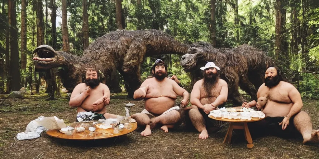 Prompt: photo, three hairy neanderthal people, sumo japanese, eating outside, surrounded by dinosaurs!, gigantic forest trees, sitting on rocks, bright moon, birthday cake on the ground, birthday cap, front view