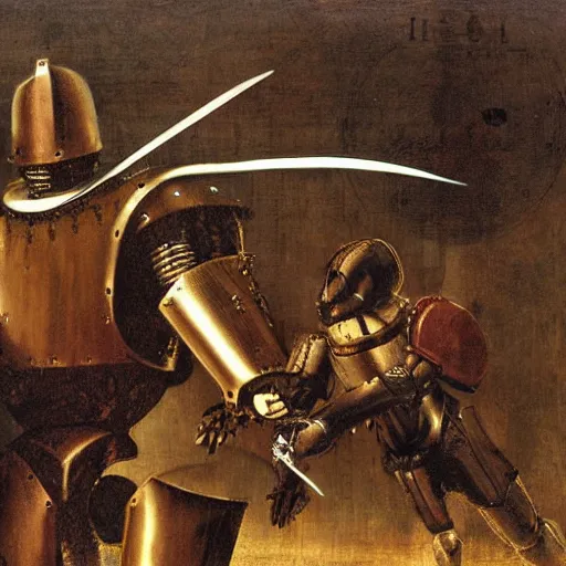 Image similar to da vinci's robot knight fighting a human knight on a battlefield