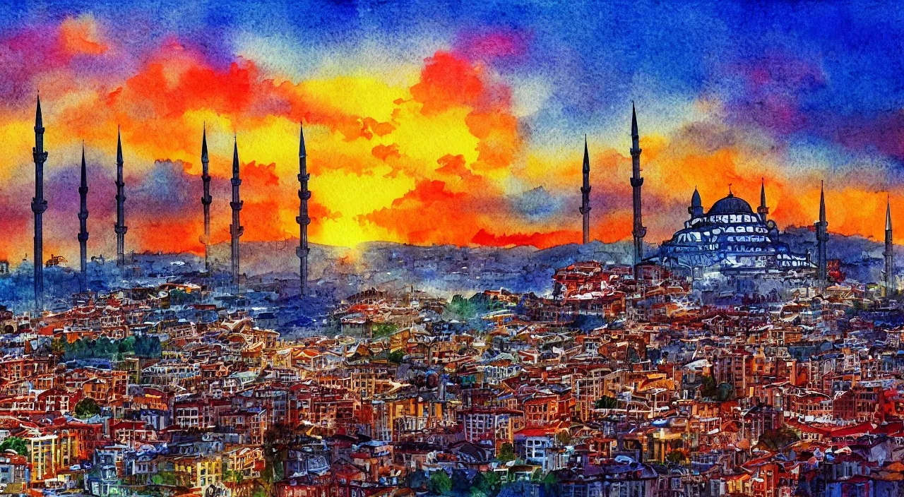 Prompt: skyline of istanbul at sunset, watercolor art, global illumination, god rays