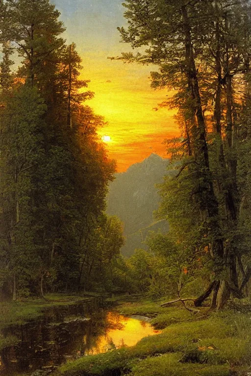 Image similar to the green mountains sunset painting by ivan shishkin