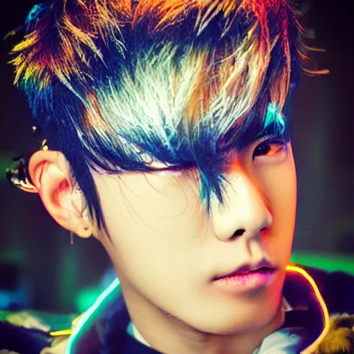 Prompt: “ portrait photo of half - cyborg k - pop male star, cyberpunk ”