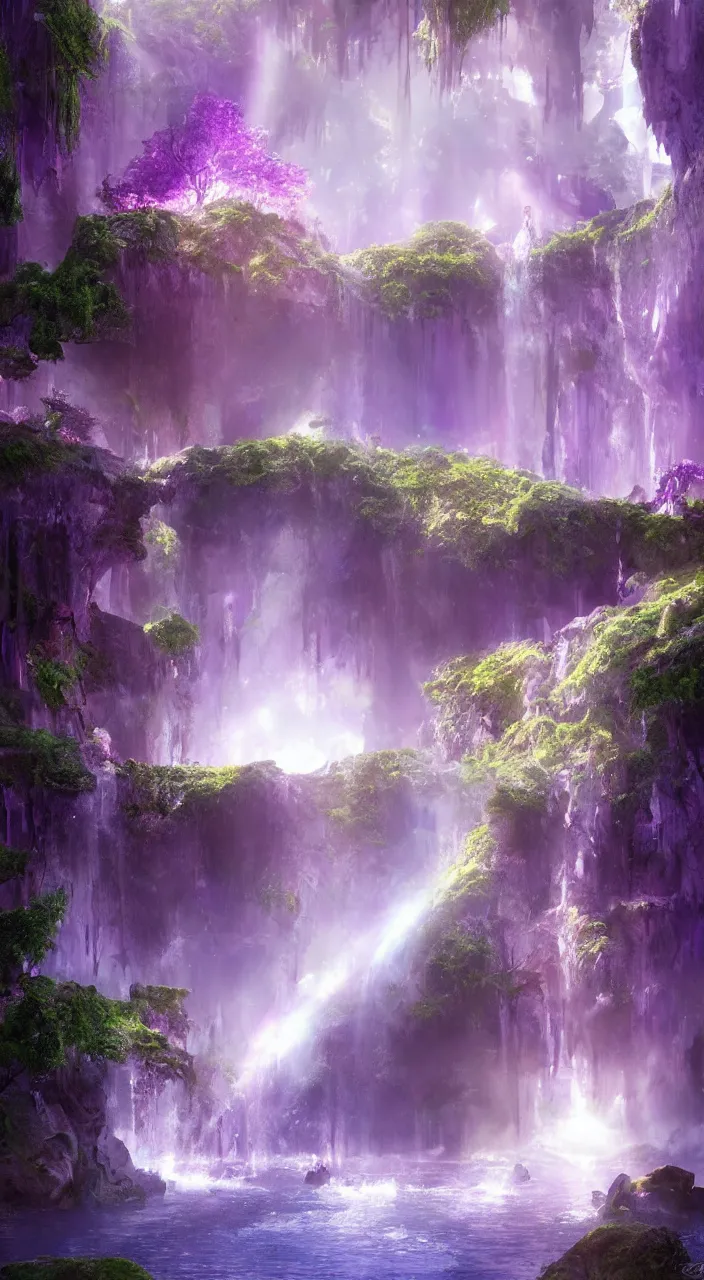 Prompt: a mystical dreamy waterfall cave with amethysts and lilac sunrays, trending on artstation, concept art, matte painting, 8 k