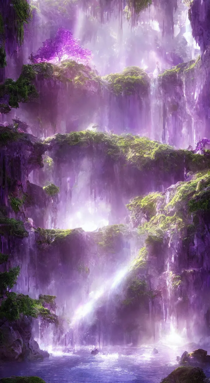 Image similar to a mystical dreamy waterfall cave with amethysts and lilac sunrays, trending on artstation, concept art, matte painting, 8 k