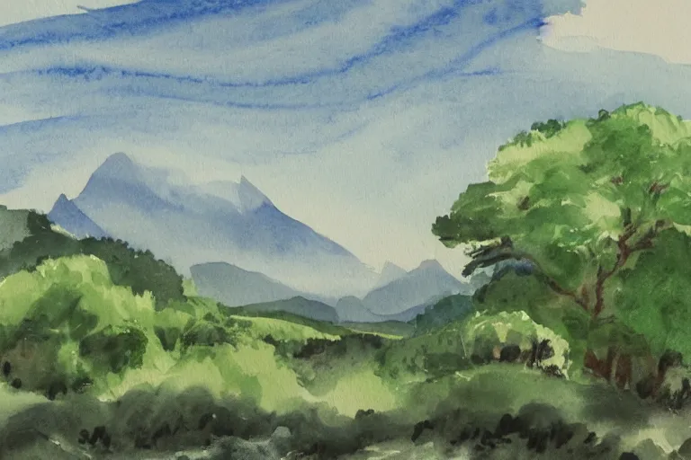 Image similar to green landscape with trees and mountains in the distance, watercolor