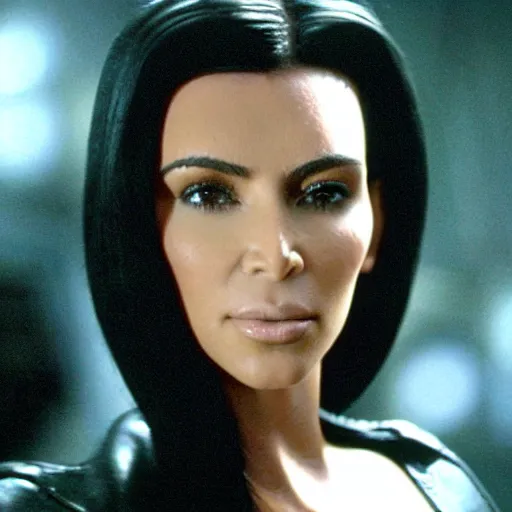 Image similar to movie still of kim kardashian starring as trinity in the matrix 1 9 9 9 movie