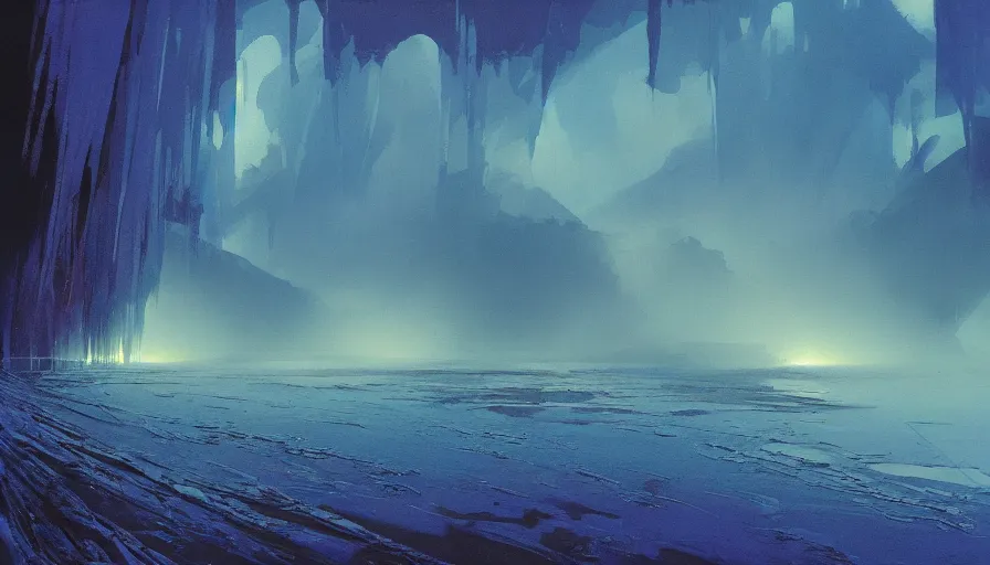 Prompt: river of blue fire, ice color scheme, intricate detailed painting, low angle, morning, artstation, john harris