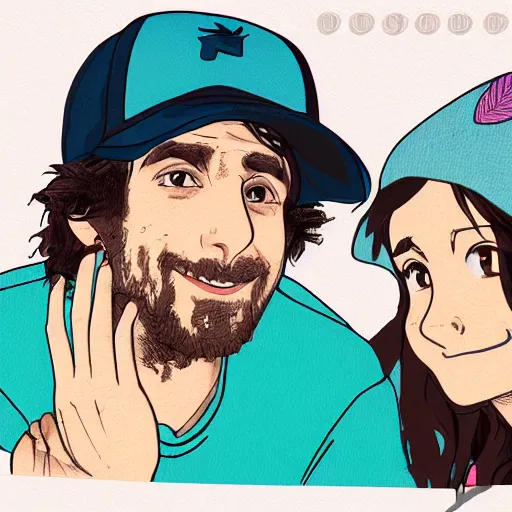 Image similar to hila klein holding hands with ethan klein, anime style, digital art, cute, teddy fresh