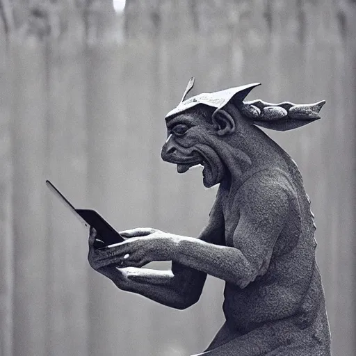 Image similar to a gargoyle using an ipad, happy expression