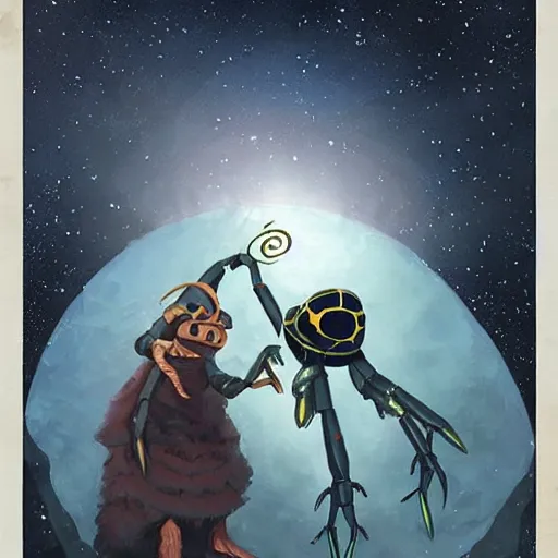 Image similar to space wizards fighting magic spiders in the style of ralph mcquarrie, breathtaking, painting