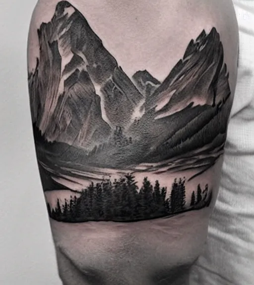 Image similar to creative double exposure effect tattoo design sketch of margot and beautiful mountains and nature, mountain scenery, realism tattoo, in the style of matteo pasqualin, amazing detail, sharp