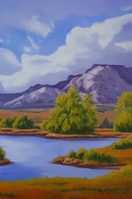 Image similar to bob ross painting of big rock okotoks alberta