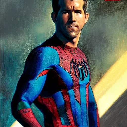 Image similar to ryan reynolds as a black and blue suit spider - man, cinematic, volumetric lighting, f 8 aperture, cinematic eastman 5 3 8 4 film, photorealistic by greg rutkowski, by stanley artgerm, by alphonse mucha