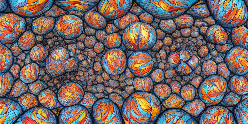 Image similar to 3 6 0 panorama escher style pattern of colorful balls, sculpture in the ancient greek style