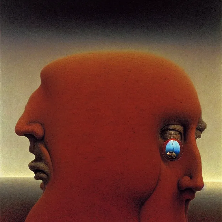 Image similar to a man looking at his mind pondering the absurdity of existence, by zdzisław beksinski and salvador dali, surreal, oil on canvas, hyper detailed, soft