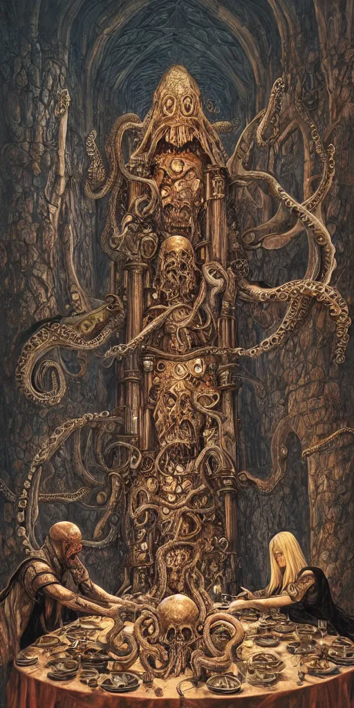 Image similar to mages with human bodies and magical armour with octopus heads sitting near the table in an ancient mage castle with enormous scale, gothic and baroque, brutalist architecture, ultradetailed, Intricate by John Howe and Josan Gonzalez and Giuseppe Arcimboldo