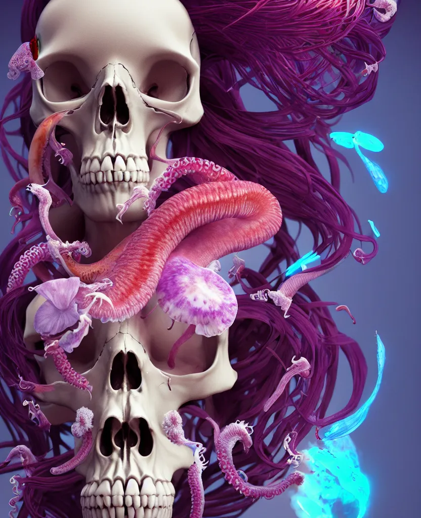 Image similar to goddess close - up portrait human skull, ram skull, squid phoenix jellyfish, orchid, betta fish, bioluminiscent, intricate artwork by tooth wu and wlop and beeple. octane render, trending on artstation, greg rutkowski very coherent symmetrical artwork. cinematic, hyper realism, high detail, octane render, 8 k