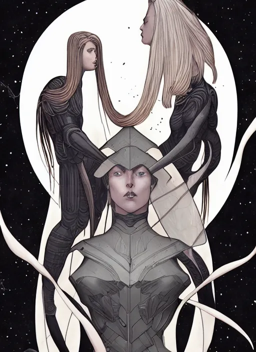 Prompt: meliadoul versus agrias, science fiction comic illustration by sana takeda and jenny frison, intricate, stunning inking lines, hyper detailed, 4 k, hd, award winning, photorealistic