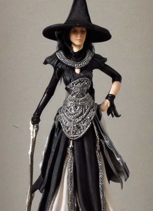 Prompt: Image on the store website, eBay, Wonderfully detailed miniature of a beautiful female sorceress, dress in black and gray and white, tricorn hat