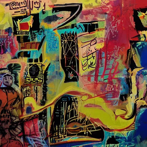 Prompt: arabic calligraphy with elements of transylvanian folk art, in the style of graffiti, made by jean michel basquiat