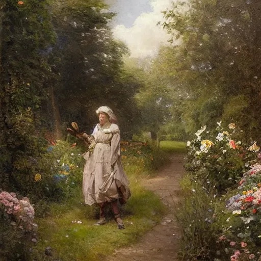 Prompt: jean-Baptiste Monge and Solomon Joseph Solomon and Richard Schmid and Jeremy Lipking victorian genre painting portrait painting of an english country cottage with a stone path and flower garden