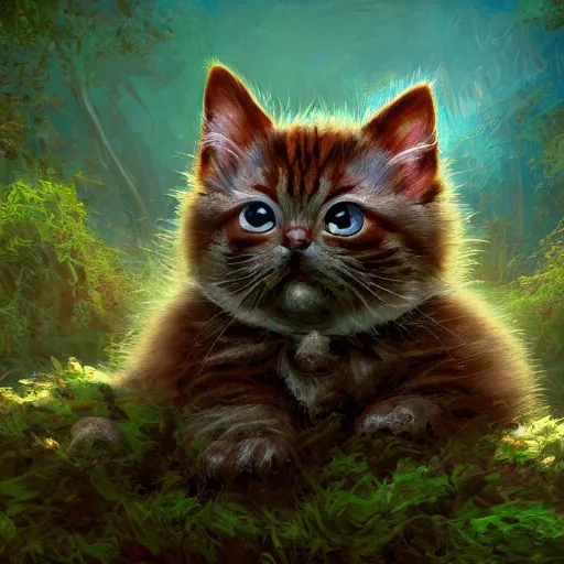Image similar to rescue from the underworld, by tyler roswell, shadows of the past, chubby moss kitten, highly detailed, digital painting, HDRI, by jeff easley, vivid colors, high contrast, 8k resolution, intricate, photorealistic, smooth