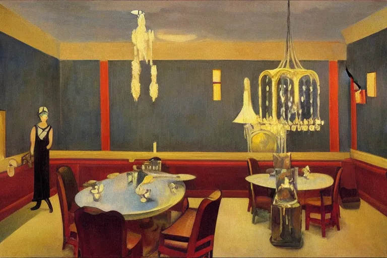 Prompt: 1920s cinematic aerial view of decorated surrealist cozy art deco dining room by Edward Hopper, the moon casts long exaggerated shadows, crystalline light rays refract dust, impressionst oil painting on wood, big impressionist oil paint strokes, decadent interior dinning room with centered grand crystal chandelier, symmetric 1930s dimly lit art deco interior concept art by Ivan Aivazovsky, ukiyo-e print, japanese woodblock, aerial view