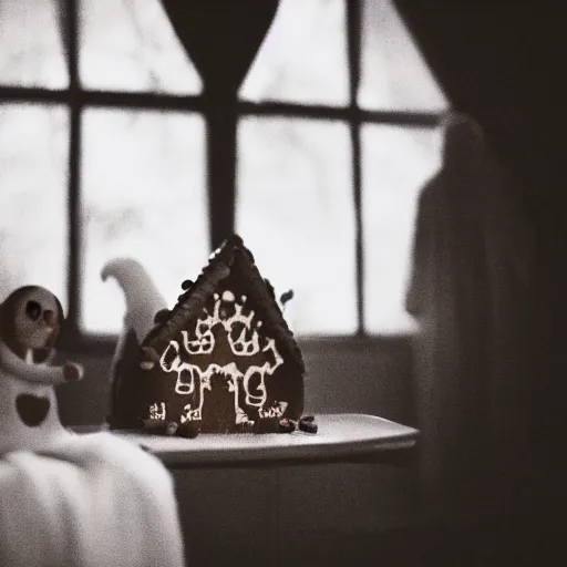 Image similar to cinematic photo of ghosts living inside of a haunted gingerbread house, spooky, fog, 3 5 mm film