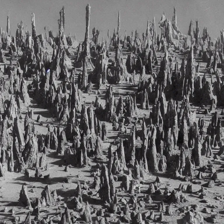 Prompt: old vintage photo of surreal spiky alien temple on exoplanet