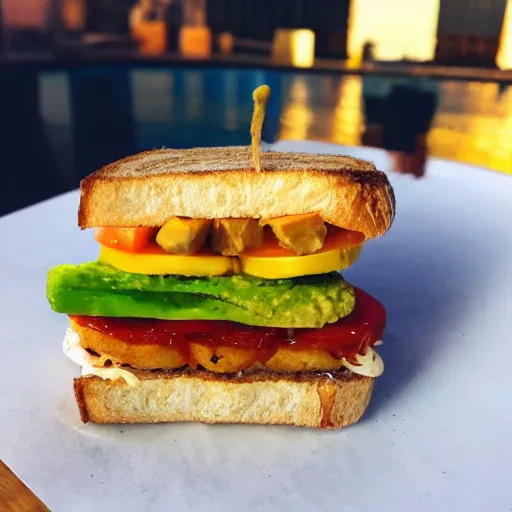 Image similar to sandwich with fried tofu, one tomato slice, one onion ring, avocado, melted cheddar, over a dish that is over a table, with a sunset and rainbow in the background with saturn and stars in the sky