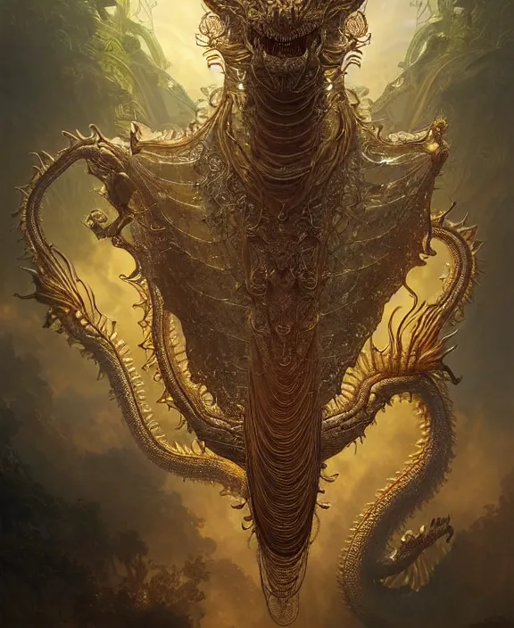 Prompt: intricate ornate opulent transparent clear see - through portrait of a terrifying beautiful alien dragon, mottled coloring, adorable, childlike, pastoral environment, ultra realistic, concept art, art nouveau, photorealistic, octane render, 8 k, unreal engine. art by christopher marley and artgerm and greg rutkowski and alphonse mucha