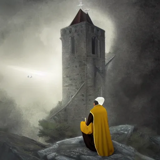 Prompt: A terrified catholic priest in his thirties kneeled in fervent prayer at the summit of a tall medieval tower. Eyes are wide open with fear looking straight at the viewer. Dressed in white. An ominous yellow shadow is descending upon him from the night sky. Award-winning digital art, trending on ArtStation