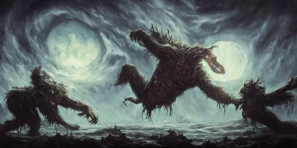 Prompt: concept art of giant werewolf, lovecraftian, renaissance, roaring, melting horror, round moon, rich clouds, fighting the horrors of the unknown, mirrors, very detailed, volumetric light, mist, grim, fine art, decaying, textured oil over canvas, epic fantasy art, very colorful, ornate scales, anato finnstark