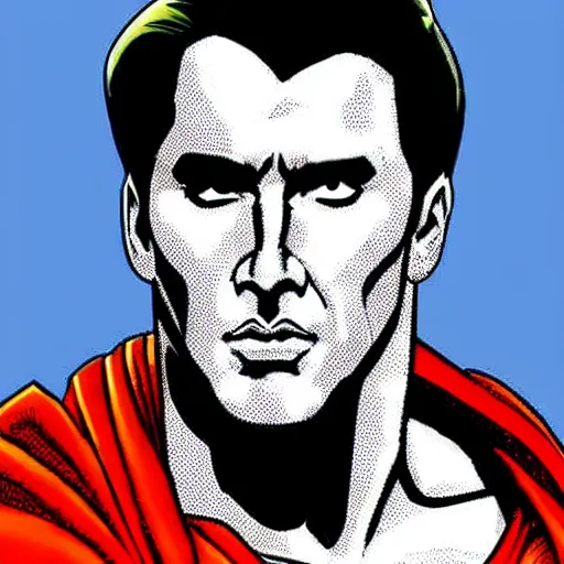 Image similar to Nicholas Cage as Superman comic book. Red cape. Detailed face Marvel comics art style. Halftone