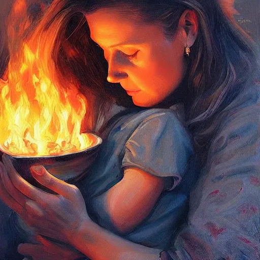 Image similar to beautiful woman cradling her child made of fire by stefan kostic, elegant, realistic, loving