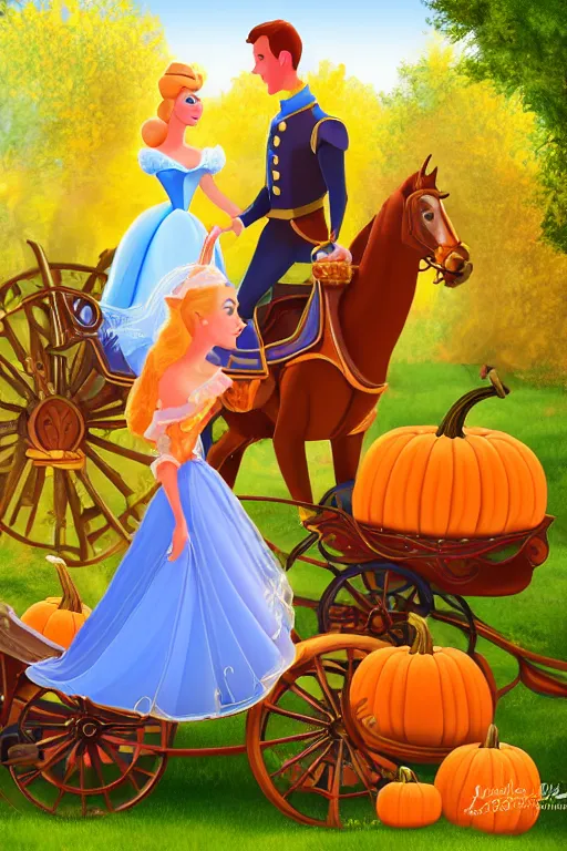 Prompt: beautiful mystical digital painting cinderella and prince charming and horse drawn pumpkin carriage pixar style