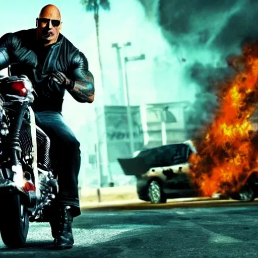 Image similar to dwayne johnson as ghost rider, showing his skull, gta cover art