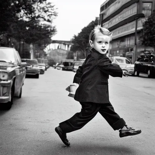 Image similar to street photo of young donald trump, black and white, by gilbert weingourt