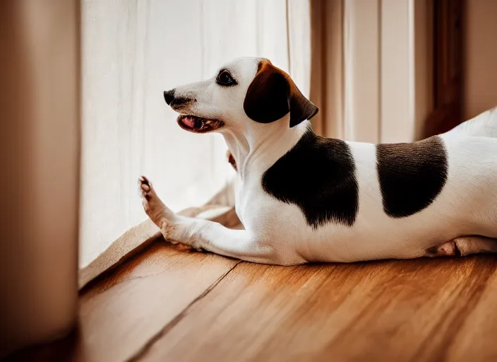 Image similar to photography of a Jack Russel . watching outside the window. on a bed. in a vintage room.,volumetric light, photorealistic,, award winning photo, 100mm, sharp, high res