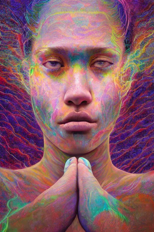 Image similar to ayahuasca tripping girl third eye open, chakra energy waves resonating from her body, ethereal aura, epic surrealism 8k oil painting, portrait, perspective, high definition, post modernist layering, by Sean Yoro, Casey Weldon