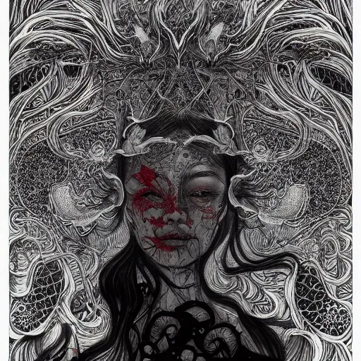 Image similar to life is so beautiful painted in alex grey and james jean style drawn by vania zouravliov and takato yamamoto, inspired by ooioo, intricate wood carving, black and white, 3 d, high detail, sharp high detail, artstation, octane