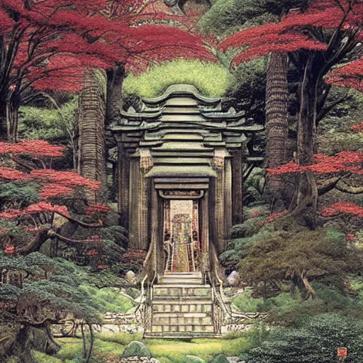 Prompt: a simple concept art of an ancient temple in the forest, an award winning yoshitaka amano digital art poster, by, james gurney and gerhard richter. art by takato yamamoto. masterpiece, deep colours.