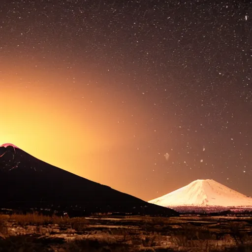 Prompt: night cliché of a snowy volcano